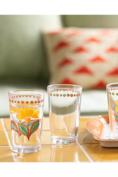 Екзотичен цветен комплект 6 броя кафени чаши за вода, розово - оранжево