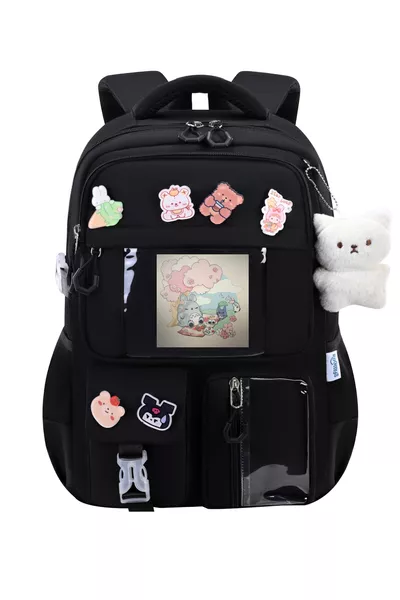 Kawaii Pro Imported New Season Ergonomic Korean Style Black School Backpack with Accessories and Bear