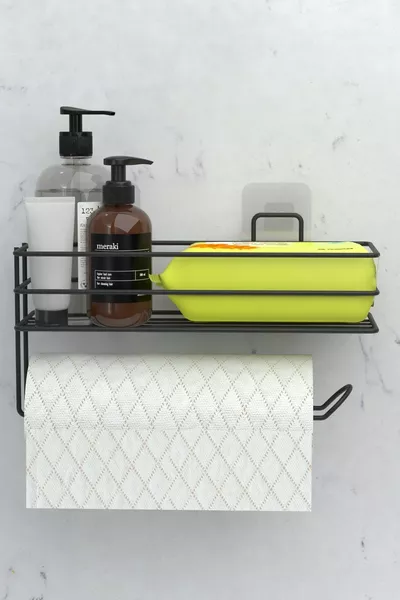 Yapışkanlı Raflı Kağıt Rulo Havluluk Peçetelik Havlu Kağıltlık Siyah Banyo Mutfak Düzenleyici Raf