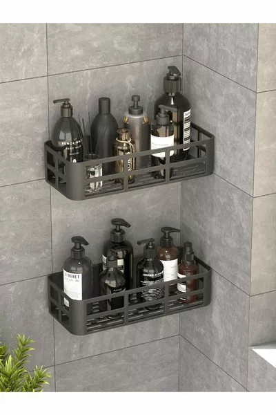 2-Piece Adhesive Bathroom Shelf Set with Shampoo and Soap Holder, Anthracite