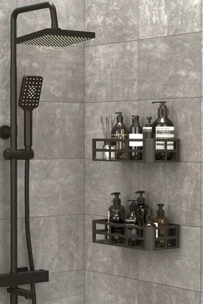 OMAŞ Bathroom Kitchen Shower Shelf 2 Pieces Shampoo Holder Soap Dish Black Adhesive Organizer 