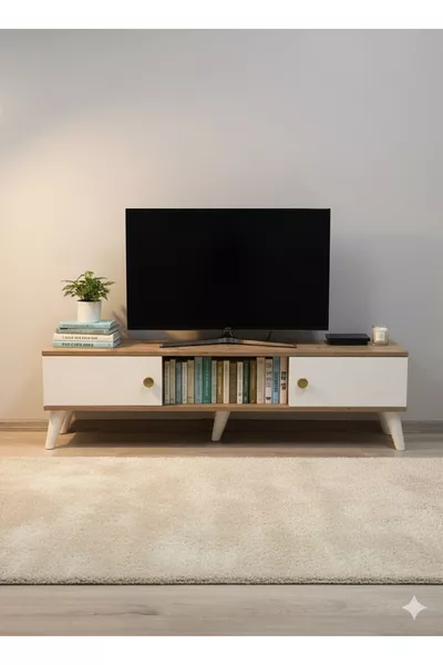 TIOS CM TV UNIT ANTIQUE PINE-CREAM MARBLE