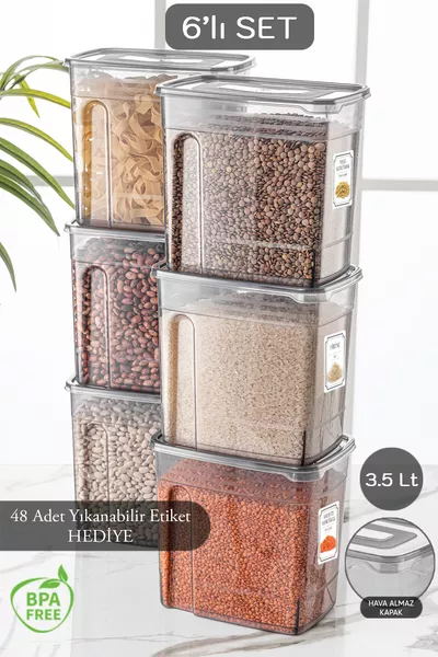 6-Piece Mega 3.5 Liter Legume Container - Labeled Lena Jar Food Storage Container
