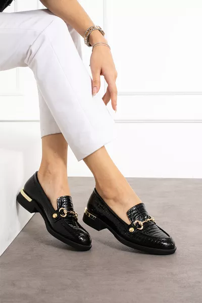 حذاء لوفر نسائي بنقشة تمساح سوداء - مريح وأنيق يومي، حذاء بسحاب ذهبي قابل للتغيير