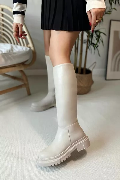 حذاء نسائي من الجلد باللون البيج من ديزي، بطبقة سميكة، يصل تحت الركبة، مزود بسحاب ومريح