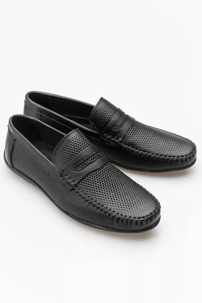 حذاء لوفر رجالي أسود من الجلد الطبيعي مريح يومي بجِللي