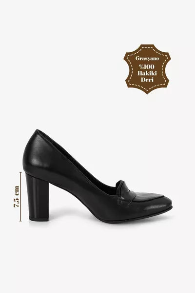 حذاء كلاسيكي أسود بسيط من الجلد الطبيعي من الدرجة الأولى، بكعب سميك 7.5 سم، مريح وغير قابل للكسر