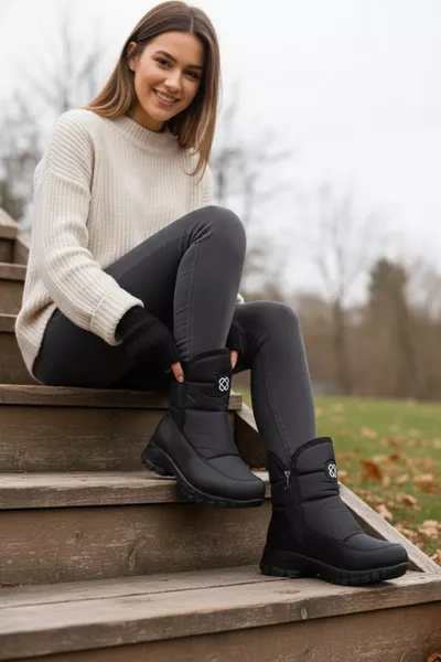 حذاء نسائي شتوي بسحاب وبقصَّة سميكة مبطن بالفراء للثلج باللون الأسود