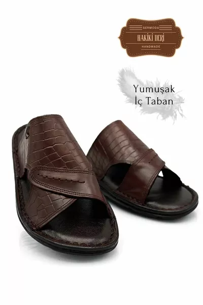 Настоящие кожаные мужские тапочки Легкие кожаные тапочки 3D Коричневые