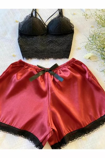 Burgundy Satin Shorts Bralette Set