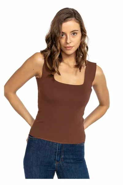 Kadın Kahve Rengi Kare Yaka Askılı Triko Bluz Atlet