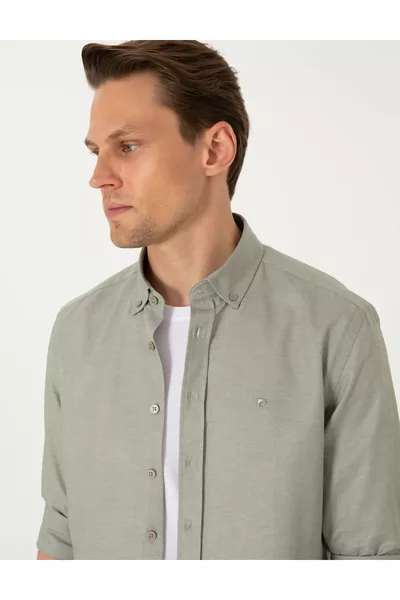 Haki Oxford Slim Fit Kolay Ütülenebilir Gömlek 