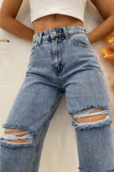 ممزق S.O.L.M.A.Z أزرق ليكرا سوبر عالية الخصر رث الجنز. (مرتفع للغاية) ساق واسعة