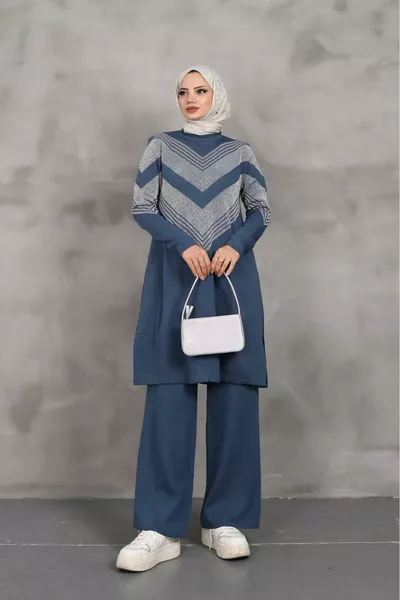 طقم بنطلون وتونيك محاك بالخرز اللامع