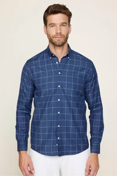 Men's Regular Fit Classic Cut Button-Down Collar Small Check Cotton Navy Shirt