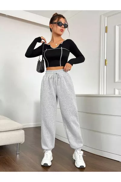 Pantalon de survêtement femme en coton épais (3 fils) à taille haute et bas élastique