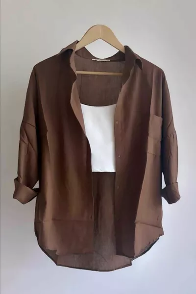 Oversize Leinenstrukturierte % Baumwolle Ein-Taschen Lockeres Hemd 