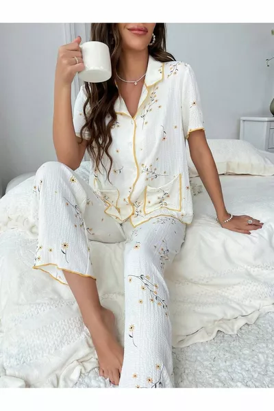 Floral Printed Pocket Detailed Buttoned Casual Pajama Set