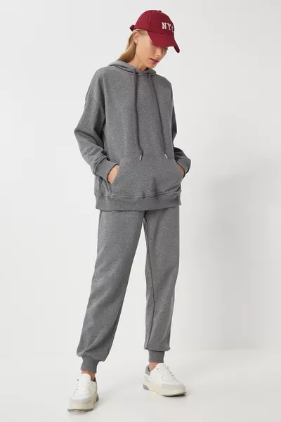 Women's Anthracite Hooded Sweatshirt Jogger Oversized Knitted Tracksuit Set 