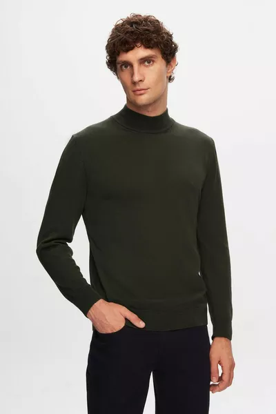 كنزة تريكو نص بطانية بياقة نصف سلحفاة Ds Damat بقصة عادية خليط قطن باللون الكاكي