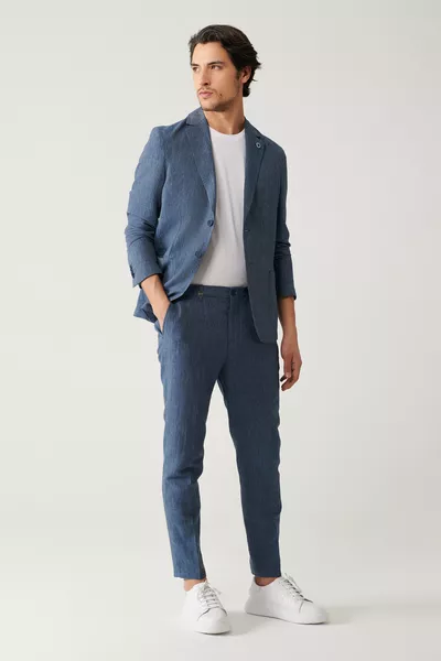 Erkek Mavi Relaxed Fit Beli Lastikli Keten Karışımlı Linen Touch Takım Elbise Pantolonu 