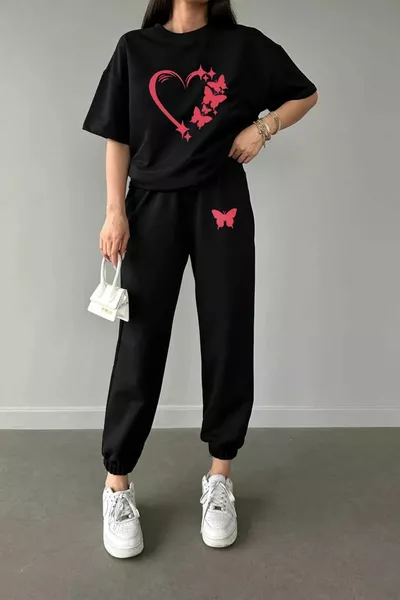LUNAVISTA Женская футболка с принтом сердечка и бабочки - Джоггер топ с круглым вырезом, спортивный костюм