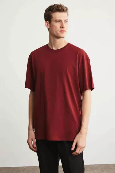Jett Men's Oversize Fit % Organic Cotton Thick Textured Burgundy Crew Neck T-shirt