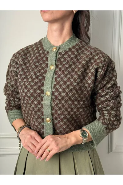 Cardigan en tricot à motif pour femme, couleur kaki marron, col rond en vélo, avec boutons dorés