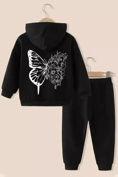 Winter Fleece-Lined White Butterfly Printed Kids' Set