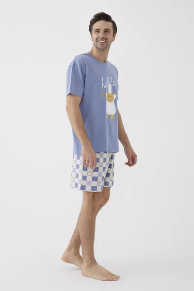 Мъжки къс ръкав пижамен комплект от памук с каре и щампа на патица, с къси панталони