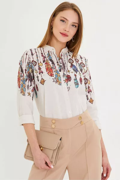 Camicia Donna con Collo alla Coreana e Fantasia 