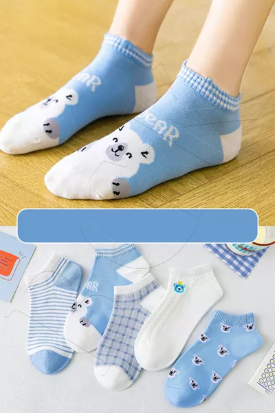 5 Pairs of Blue Bear Striped Short Socks 