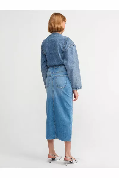  Comfort Lycra Slit Denim Skirt-Blue