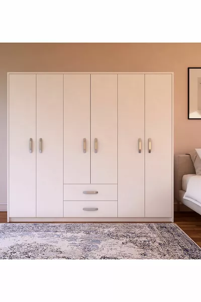 خزانة ملابس بيضاء  ديلوكس بستة أبواب ودرجين