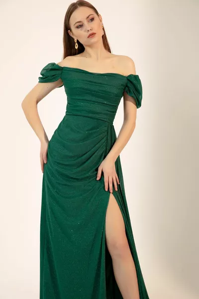 Women's Emerald Green Boat Neck Draped Slit Long Glitter Evening Dress
