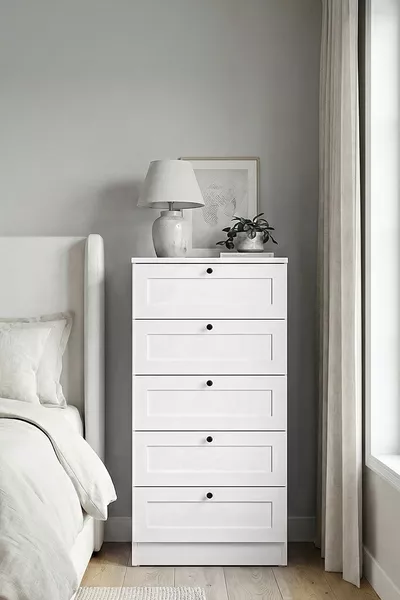 خزانة تيرا ذات 5 أدراج، لحفظ الملابس، لغرفة النوم وغرفة الأطفال باللون الأبيض