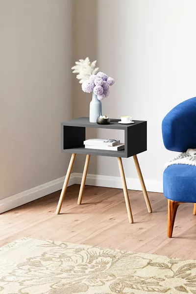 خزانة جانبية خشبية بأرجل ورفوف - رمادي فحمي