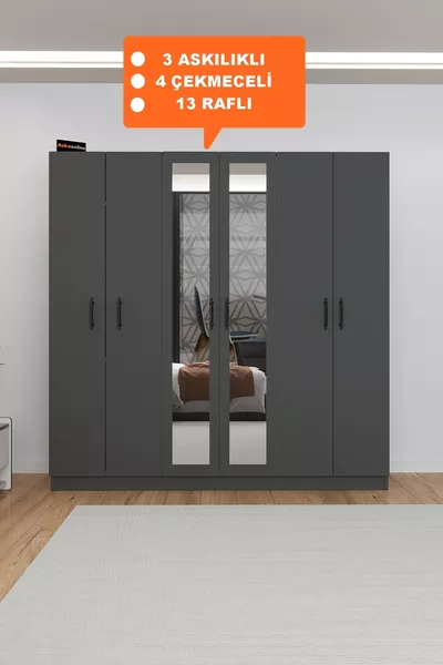  Donkergrijze Kast met Spiegel, 6 Deuren,  Planken, 3 Kleerhangers,  cm Kast