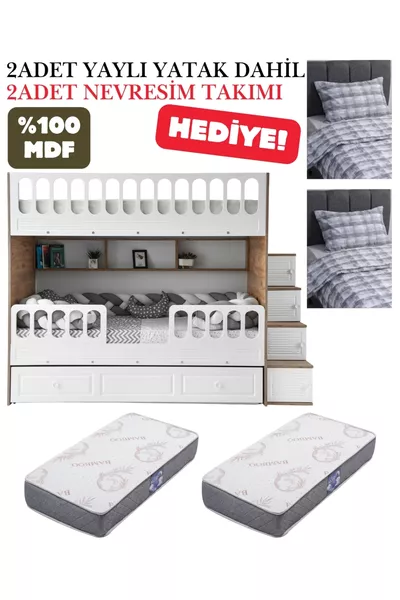 Rolluik Stapelbed / % MDF / 2 Stuks Bamboe Veerbed / 2 Stuks Beddengoed Set als Geschenk