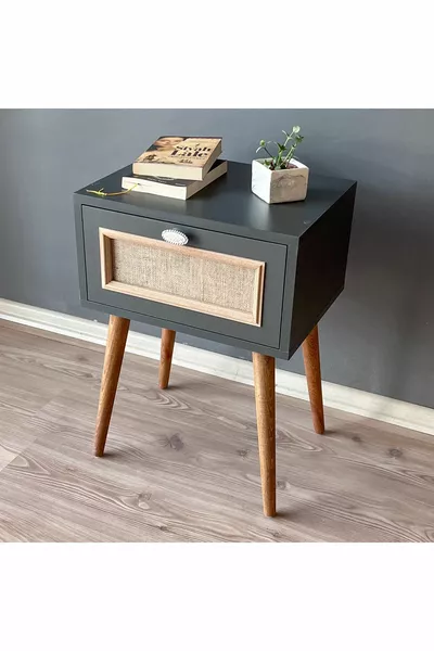 طاولة جانبية من الخشب مع غطاء، لون أنثراسيت، طاولة نوم رأسية