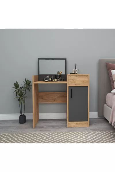 طاولة مكياج بمرايا وخزانة من الصدف، صنوبر الأطلسي أنثراسيت - صدف