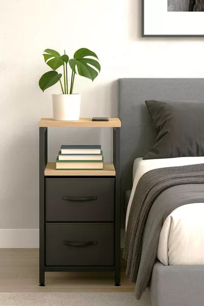 2-laags Nachtkastje met Leren Lade Organizer Slaapkamer Metaal Nachtkastje