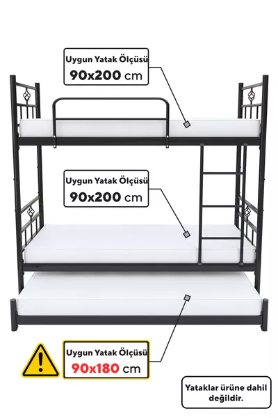 سرير بطابقين كوْزا مع سرير قابل للتوافق لثلاثة أشخاص، معدن أسود