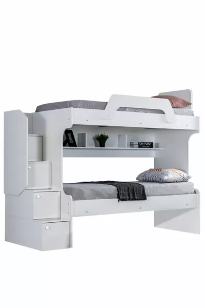سرير بطابقين، إينجي مزدوج - أبيض مع مرتبتين مريحة