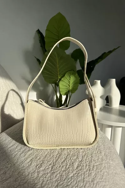 Krem Kroko Kadın Kroko Desenli Baget Çanta Omuz Çanta Kol Çanta Kadın Çanta
