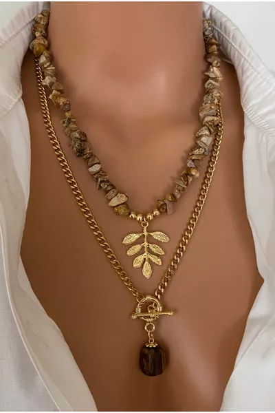 (مجموعة مزدوجة) حجر طبيعي بني / حجر خشبي بيج مع طلاء ذهبي، سلسلة عتيقة، قلادة نسائية خاصة