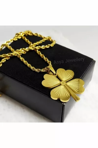 سلسلة على شكل حبل ملتوي طويل موديل صائغ، قلادة من ورقة البرسيم الفولاذية المزخرفة بأربع أوراق، قلادة الحظ