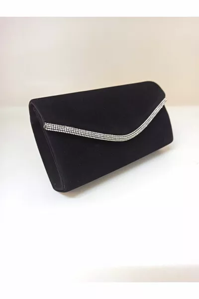 Women's black suede evening bag with silver stone accessory