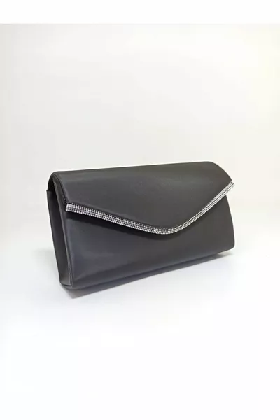 Women's black satin mini evening bag with stone accessories