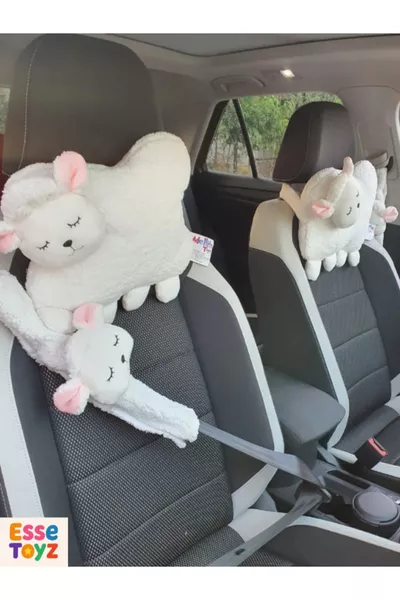 Set Cuscino da Collo Auto e Copri Cintura di Sicurezza in Peluche con Agnellino Bianco (1 Cuscino + 1 Copri)